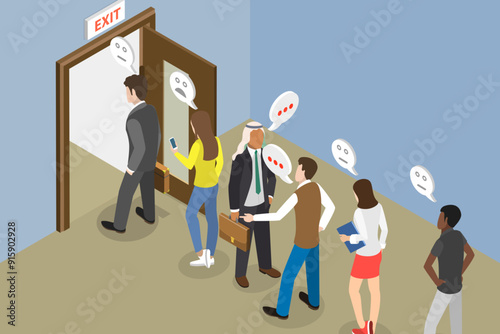 3D Isometric Flat Vector Illustration of Resignation and Dismissal, Workers Formed Queue to Leave Office
