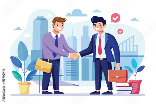 Two businessmen engage in a handshake, finalizing a deal amidst a vibrant city skyline with plants and books nearby