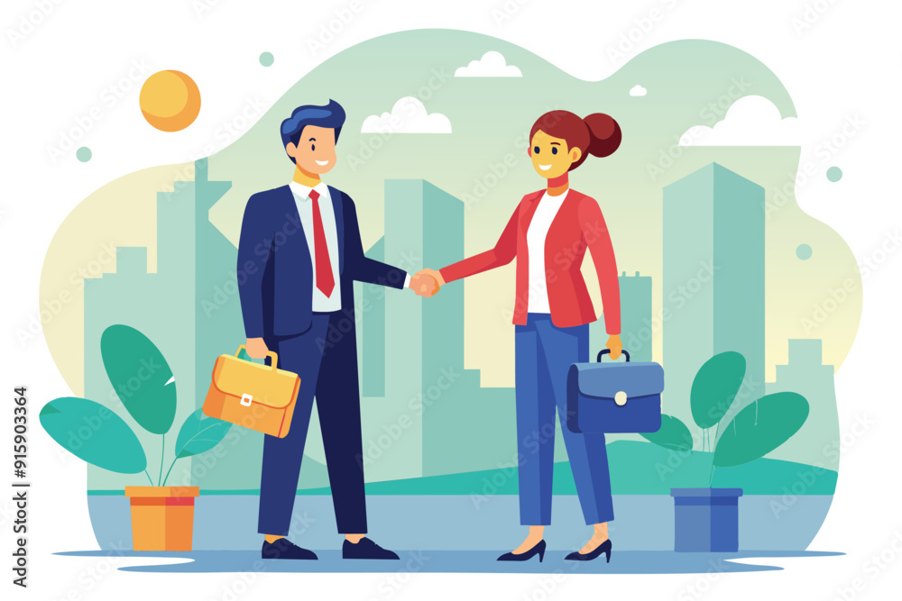 Two business partners shake hands while holding luggage in a vibrant city during the day, symbolizing a successful partnership and collaboration Two business partners shake hands while holding luggage in a vibrant city during the day, symbolizing a successful partnership and collaboration