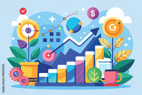 A colorful illustration showcases business growth with graphs, money symbols, and plants, symbolizing progress and prosperity in a creative environment