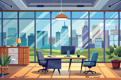 A modern workspace with a panoramic window overlooks the city skyline, showcasing greenery and contemporary office furniture for productivity