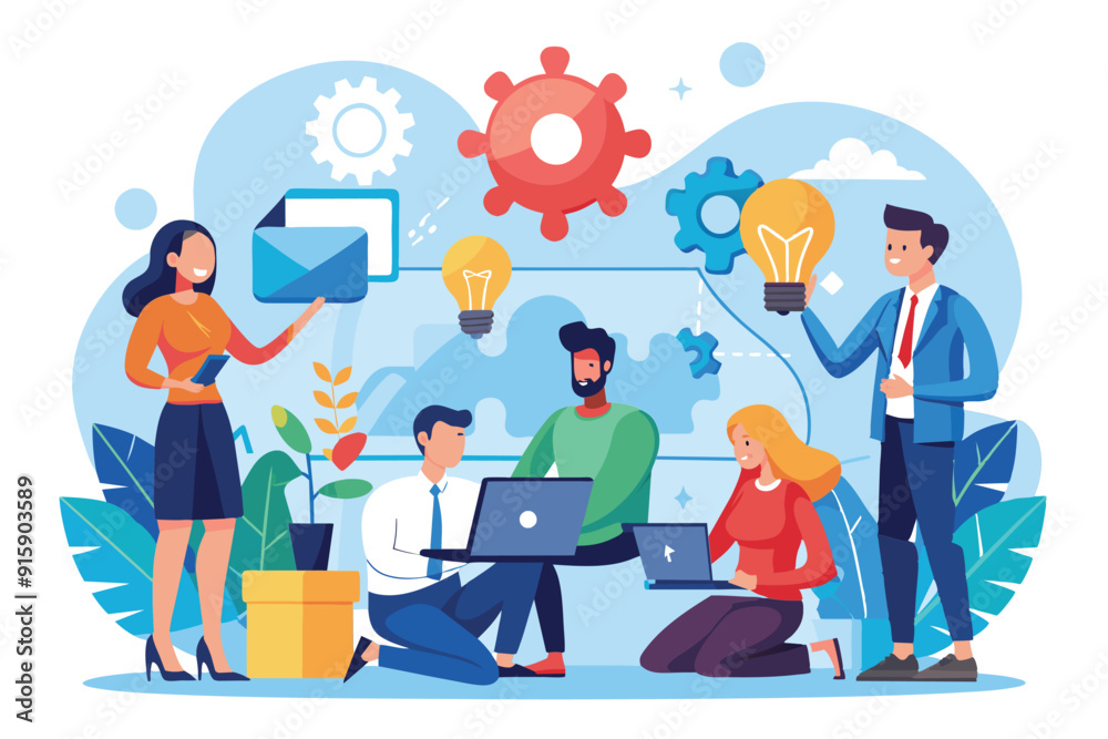 A diverse group of professionals brainstorms ideas and develops solutions using laptops in a vibrant, collaborative workspace A diverse group of professionals brainstorms ideas and develops solutions using laptops in a vibrant, collaborative workspace