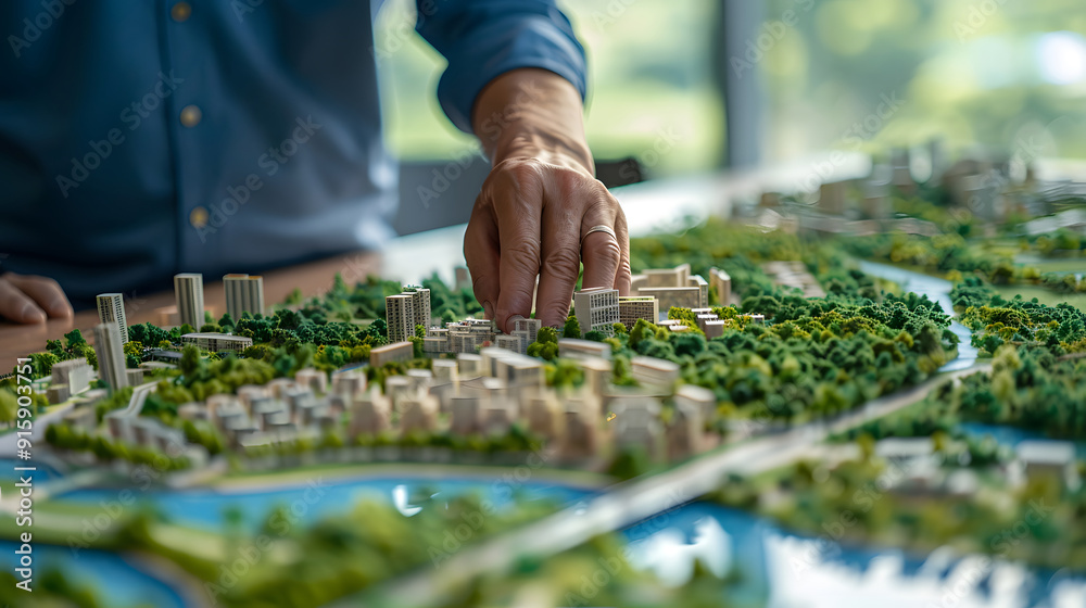 An urban planner interacts with a detailed city model, focusing on sustainable development and green spaces. AIG41 design An urban planner interacts with a detailed city model, focusing on sustainable development and green spaces. AIG41 design