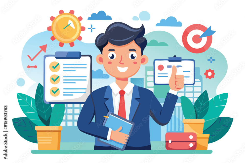 A cheerful character presents a thumbs-up while surrounded by planning tools and charts in a contemporary office atmosphere A cheerful character presents a thumbs-up while surrounded by planning tools and charts in a contemporary office atmosphere