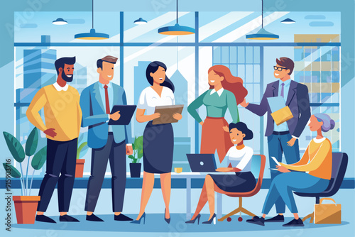 A group of business professionals engages in discussions while working together in a contemporary office setting