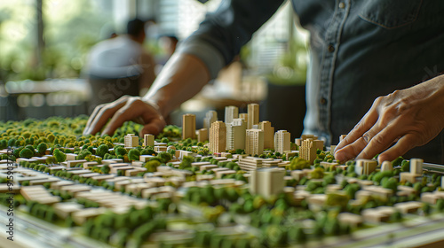 An urban planner interacts with a detailed city model, focusing on sustainable development and green spaces. AIG41 design