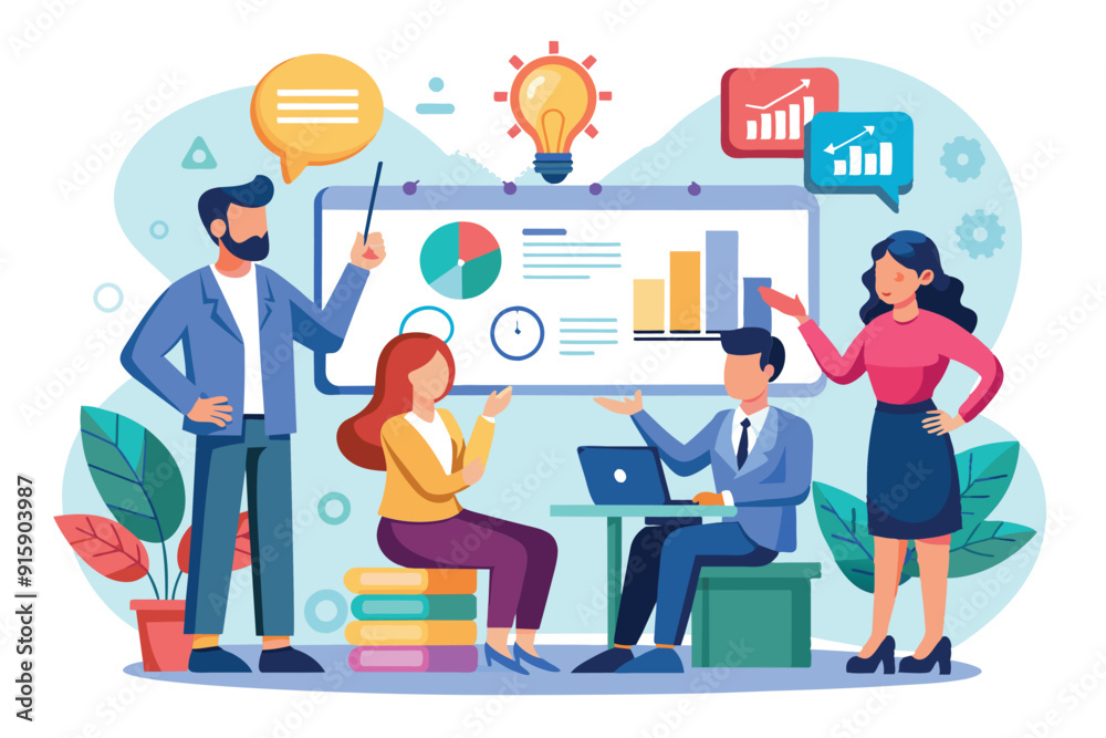 A team collaboratively discusses business problem-solving strategies using visual aids and engaging in dynamic conversation A team collaboratively discusses business problem-solving strategies using visual aids and engaging in dynamic conversation