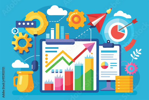 A colorful graphic displays charts and graphs indicating business trends, surrounded by gears and a paper airplane, representing strategy and growth