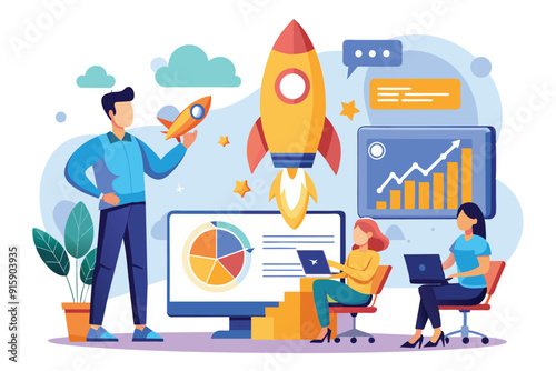 A data analyst presents rocket launch ideas, while colleagues engage with graphs and charts in a modern office setting