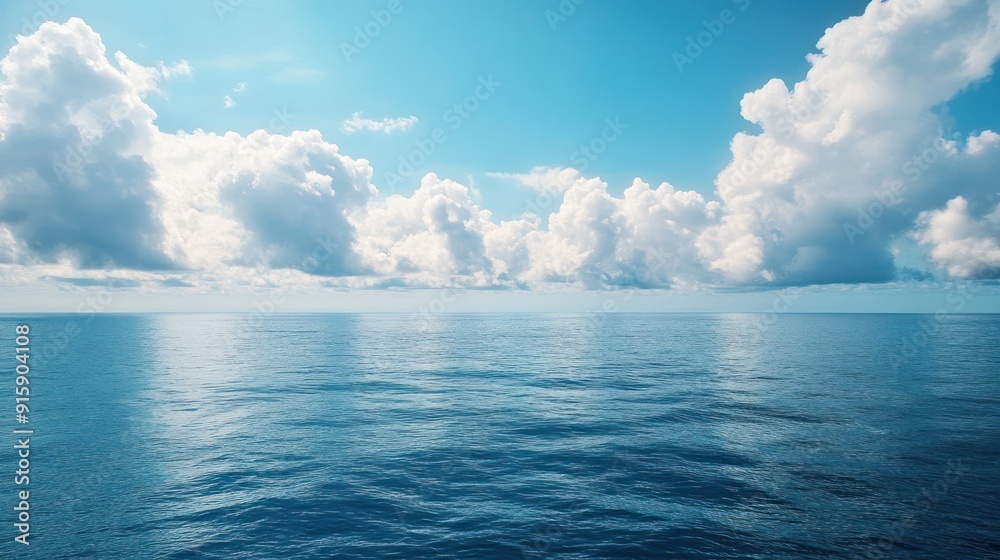 Peaceful Ocean with Blue Sky and Fluffy Clouds