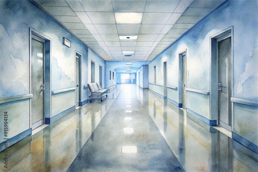 A hospital hallway with a blue wall and white floor A hospital hallway with a blue wall and white floor
