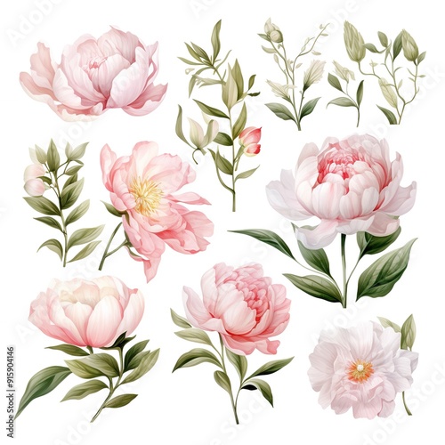 A collection of delicate pink peonies with lush green leaves, perfect for floral design.