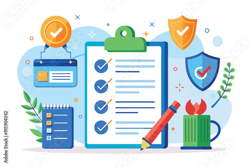 A checklist highlighting business rules and regulations for company policies, featuring checkmarks, icons, and writing tools in a modern office environment