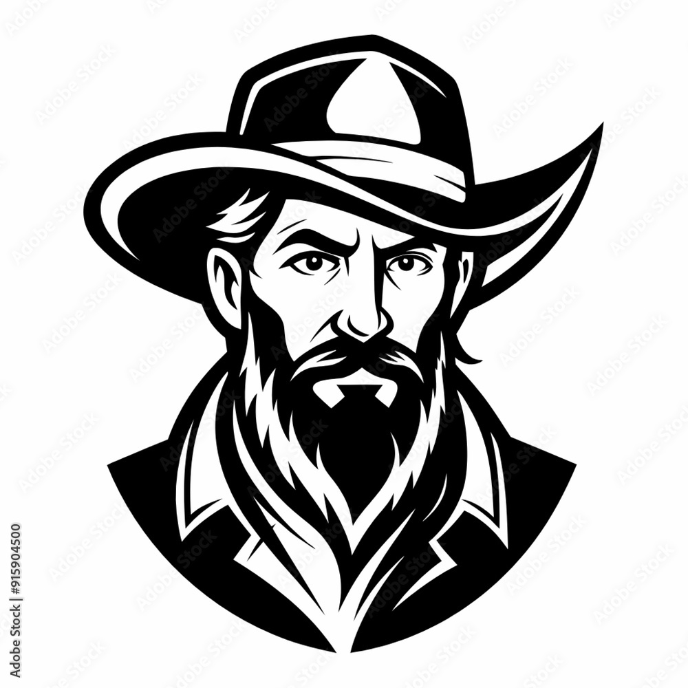 Cowboy portrait in black and white Monochrome vector of a man with a hat and beard Isolated on white backdrop Concept of Western culture masculine style vintage Americana Logo sticker design Cowboy portrait in black and white Monochrome vector of a man with a hat and beard Isolated on white backdrop Concept of Western culture masculine style vintage Americana Logo sticker design