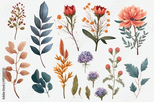 A collection of hand-painted botanical illustrations featuring various leaves, flowers, and sprigs.