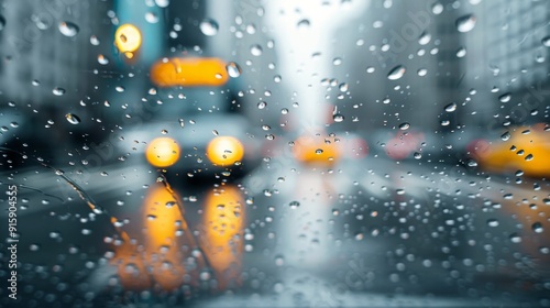 Rainy City Streets With Yellow Umbrella and Blurred Traffic at Dusk