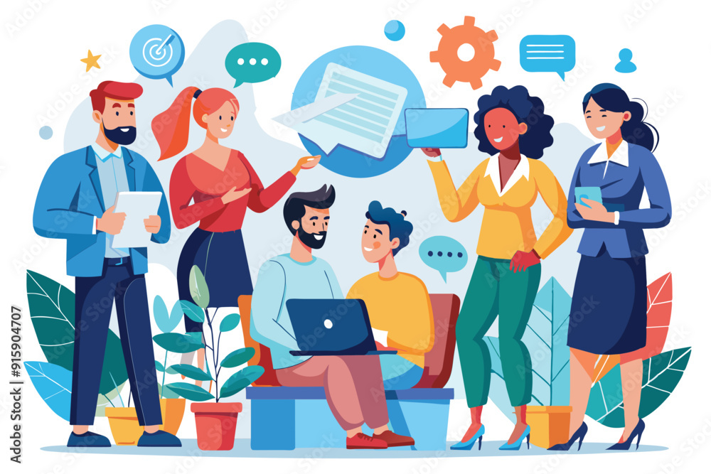 Obraz premium A diverse business team engages in vibrant communication, sharing ideas and collaborating on a project in a contemporary workspace filled with greenery