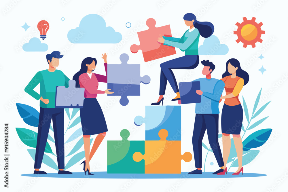 A diverse business team works together to assemble a colorful jigsaw puzzle, fostering collaboration and creativity during a team-building exercise A diverse business team works together to assemble a colorful jigsaw puzzle, fostering collaboration and creativity during a team-building exercise