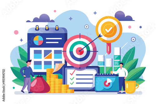 A vibrant workspace illustration featuring a target schedule, charts, and individuals focused on meeting business goals and tracking progress