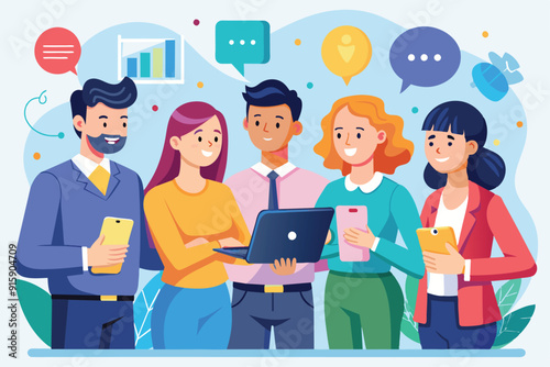 A diverse group of professionals engages in a discussion while using laptops and smartphones to enhance their business communication strategies