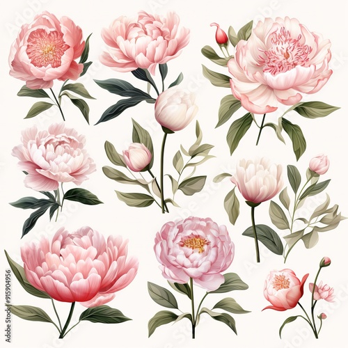 A delicate arrangement of pink peonies with green leaves, perfect for floral design and spring decor.