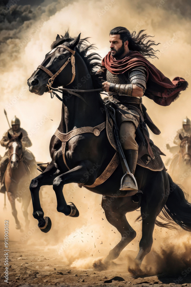 Fototapeta premium Legendary Charge: Witness the power and courage of history with this dramatic image of Alexander the Great and his warhorse, Bucephalus, charging into battle. generative AI
