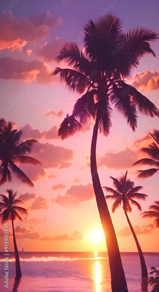 Tropical seaside with palms at sunset vertical 4k animation Tropical seaside with palms at sunset vertical 4k animation
