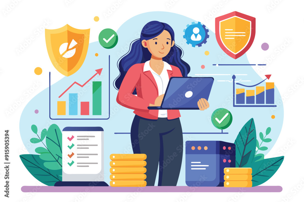 A business woman securely manages her company's data while examining key financial metrics on her laptop in a contemporary office environment A business woman securely manages her company's data while examining key financial metrics on her laptop in a contemporary office environment