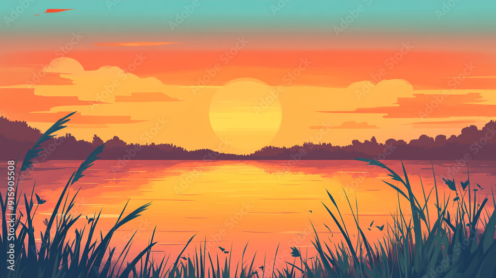 Cartoon simple lake background in the morning Cartoon simple lake background in the morning