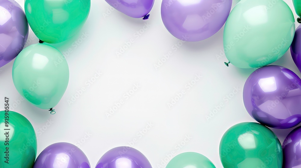 A white background with a border of green and purple balloons. A white background with a border of green and purple balloons.