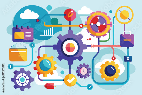 A cogwheel mechanism illustrates the interconnected business workflow, showcasing productivity tools and collaboration elements in a digital workspace