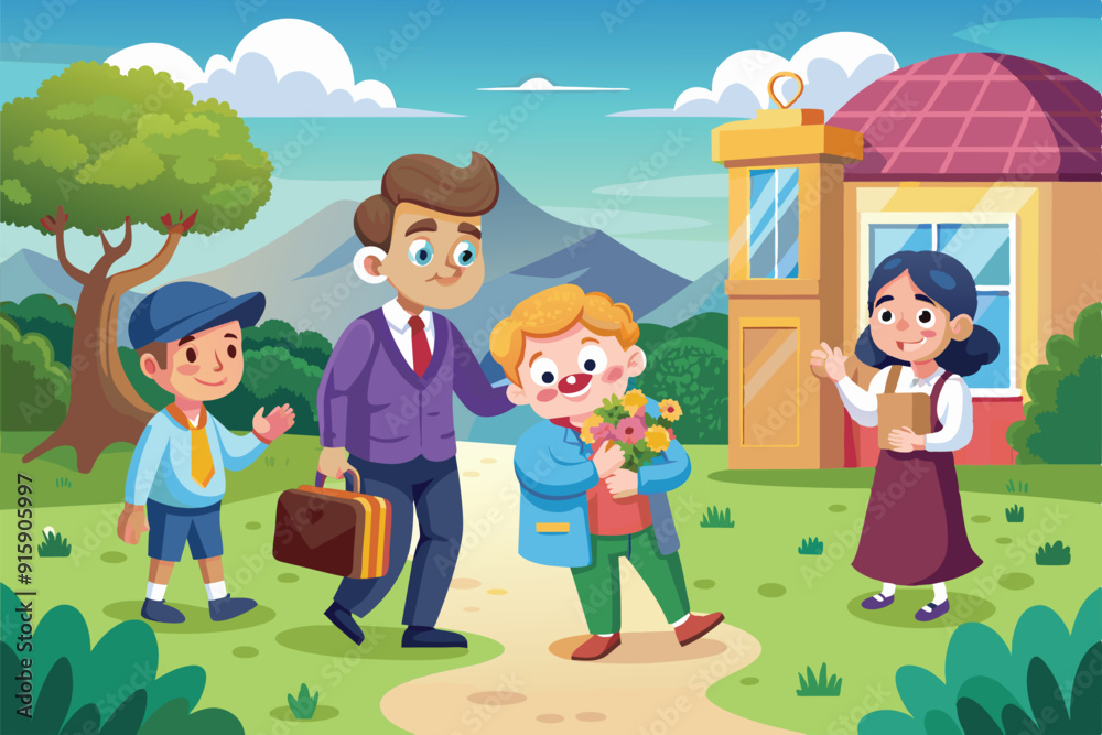 A man in a suit walks with a boy holding flowers while another child and a woman wave cheerfully in a picturesque park setting A man in a suit walks with a boy holding flowers while another child and a woman wave cheerfully in a picturesque park setting