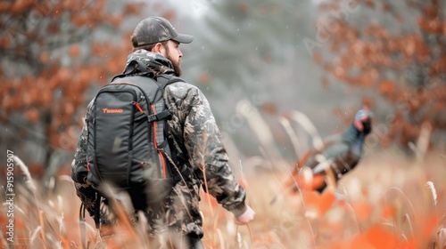 Hunter Walking Through Autumn Woods With Backpack and Turkey in Background