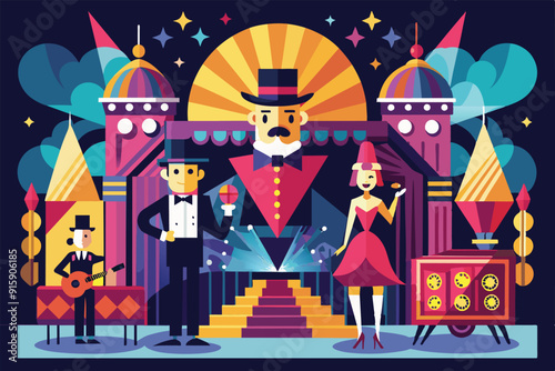 Exciting cabaret show with musicians, dancers, and a magician entertaining a vibrant audience under colorful lights