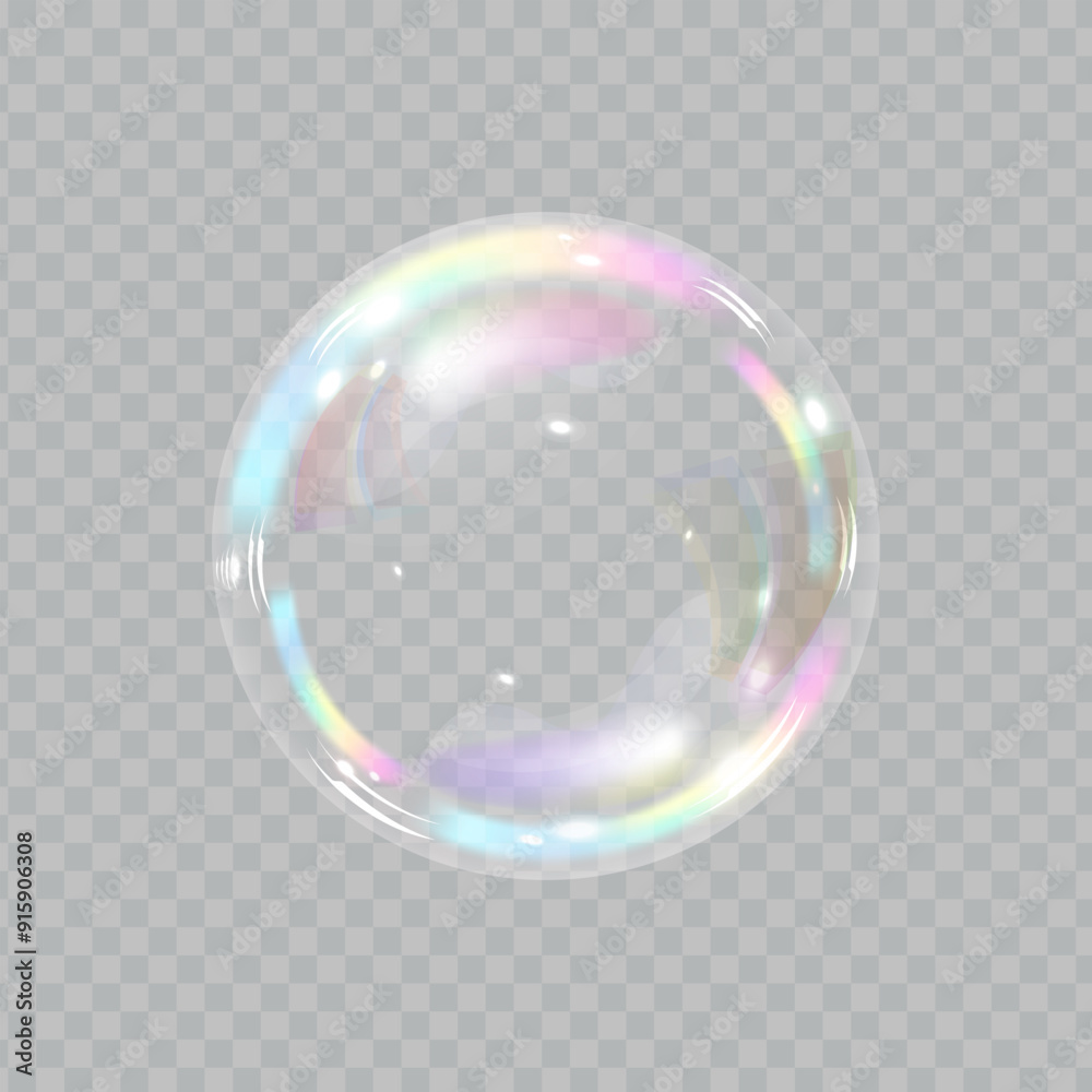 Naklejka premium Soap bubble color spectrum on transparent background. Realistic air bubble 3D graphics glare and transparency effect. Vector illustration.