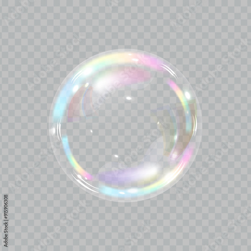 Soap bubble color spectrum on transparent background. Realistic air bubble 3D graphics glare and transparency effect. Vector illustration.