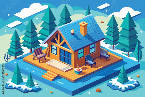 A quaint cabin is nestled among lush evergreen trees, featuring a warm wooden deck, perfect for a tranquil winter escape