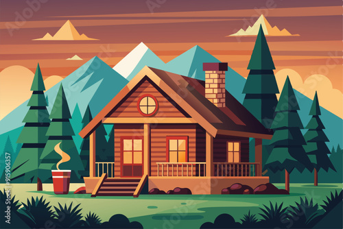 A warm, inviting cabin stands amidst lush trees and towering mountains as the sun sets, creating a serene atmosphere perfect for relaxation