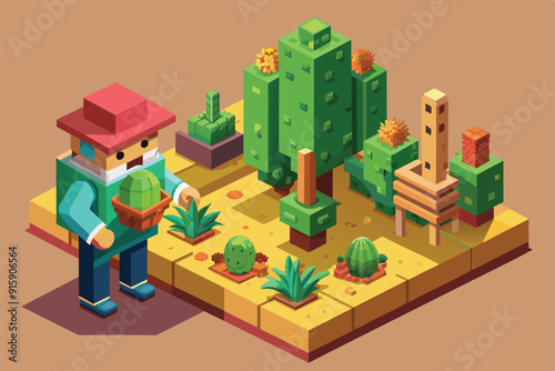 A cactus enthusiast carefully nurtures a vibrant garden, surrounded by unique cacti and lush greenery, under a warm, inviting atmosphere