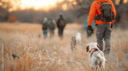 People Walking With Dogs Along a Snowy Path In Winter Countryside