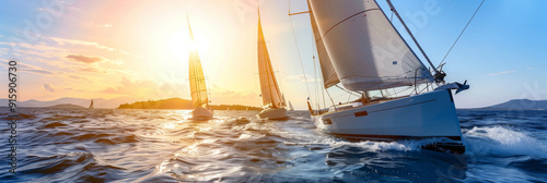 Thrilling Sailing Yacht Race Regatta at Sunset on Calm Waters