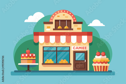 A delightful cake shop showcases various customizable cakes and pastries, inviting customers to indulge in sweet treats in a vibrant neighborhood