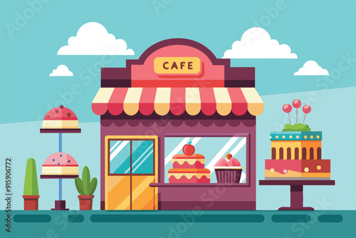 A whimsical cake shop showcases vibrant desserts, potted plants, and a welcoming facade, inviting customers to enjoy sweet treats in a cheerful environment