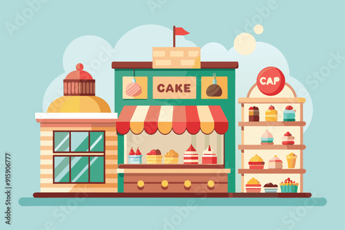 A vibrant cake shop displays an array of delectable treats, inviting customers to customize their desserts in a cheerful neighborhood setting