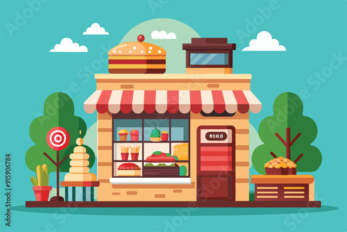 A quaint cake shop showcases delightful desserts and colorful treats, inviting passersby to explore its delicious offerings under a clear blue sky