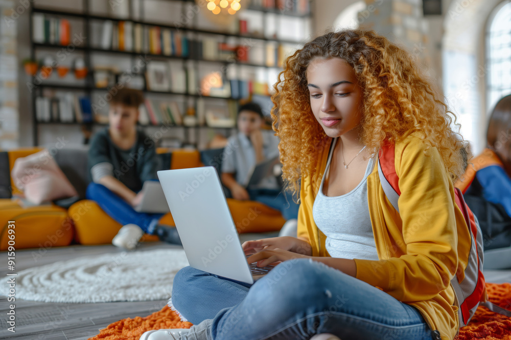 Focused Student Girl Engaged in Laptop Study While Seated on Colorful Rug in Cozy Library Setting Focused Student Girl Engaged in Laptop Study While Seated on Colorful Rug in Cozy Library Setting