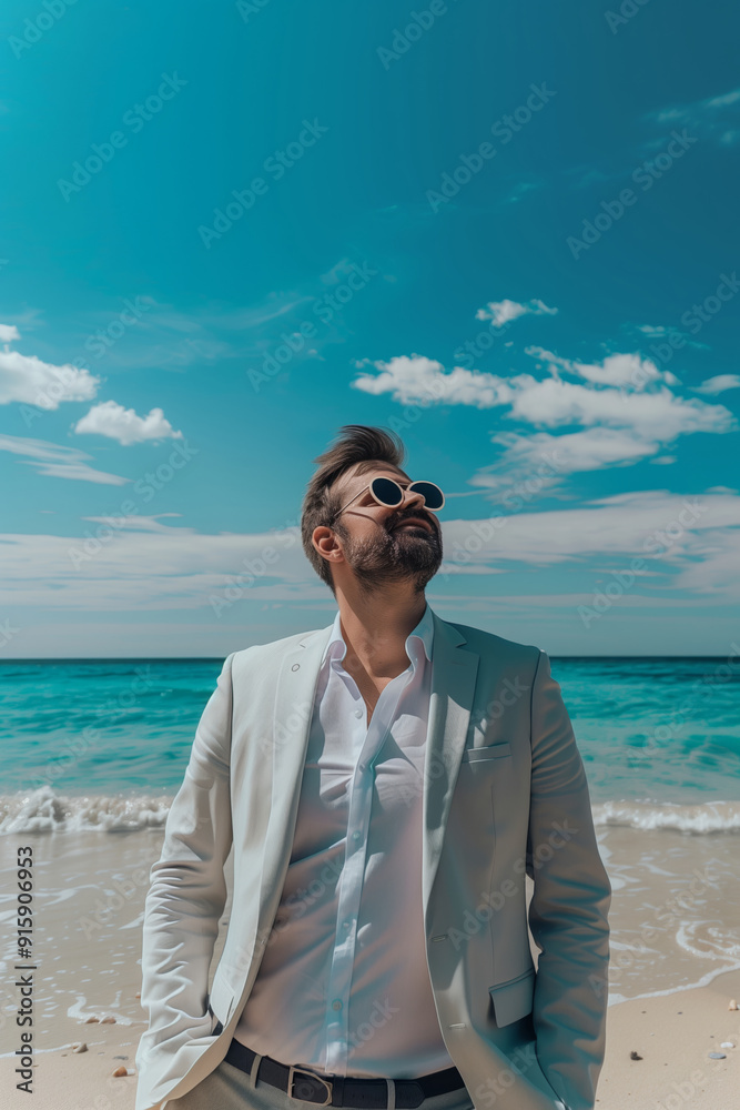 A Sophisticated Business Traveler Enjoys a Serene Beachside Escape Under Bright Blue Skies A Sophisticated Business Traveler Enjoys a Serene Beachside Escape Under Bright Blue Skies