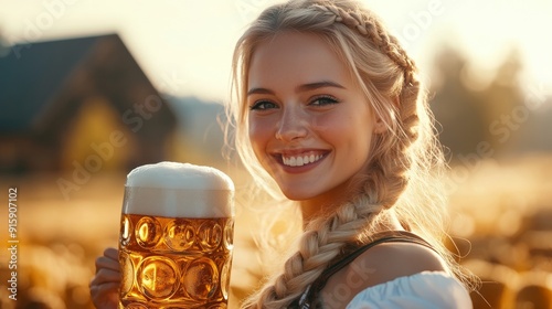 Fototapeta Naklejka Na Ścianę i Meble -  An attractive young woman at the Oktoberfest, she smiles, holding a huge glass of beer in her hands.