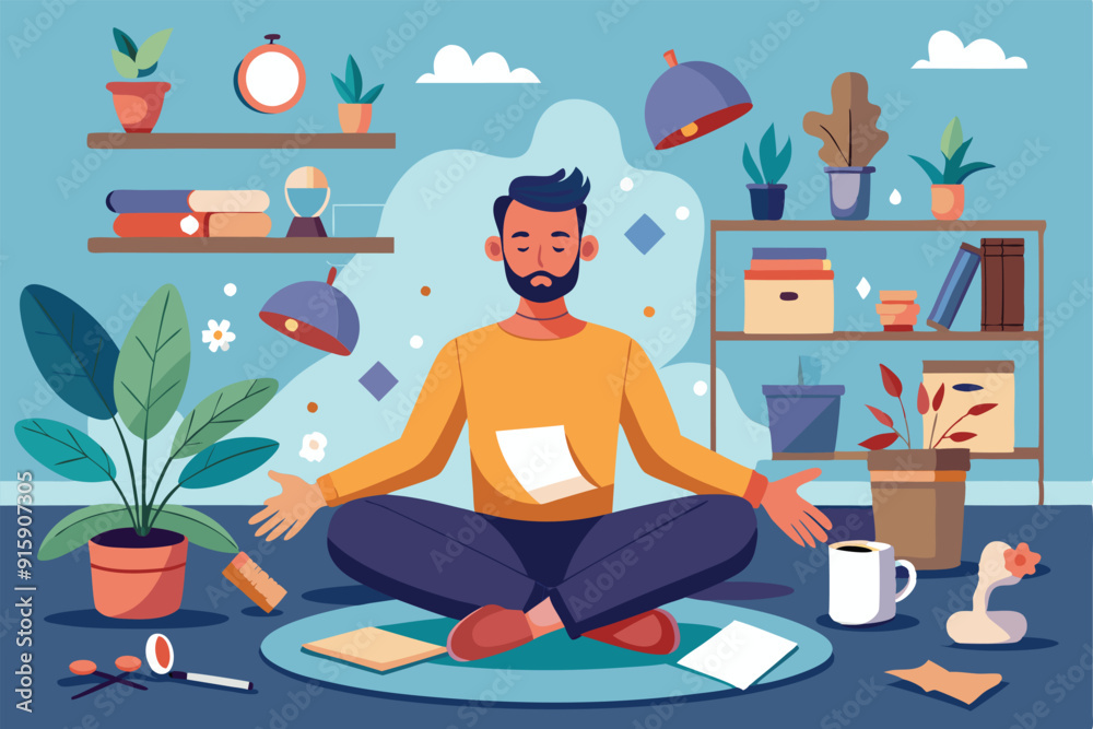 A calm father sits in a lotus position, practicing meditation at home, surrounded by plants and cozy decor in a serene atmosphere A calm father sits in a lotus position, practicing meditation at home, surrounded by plants and cozy decor in a serene atmosphere