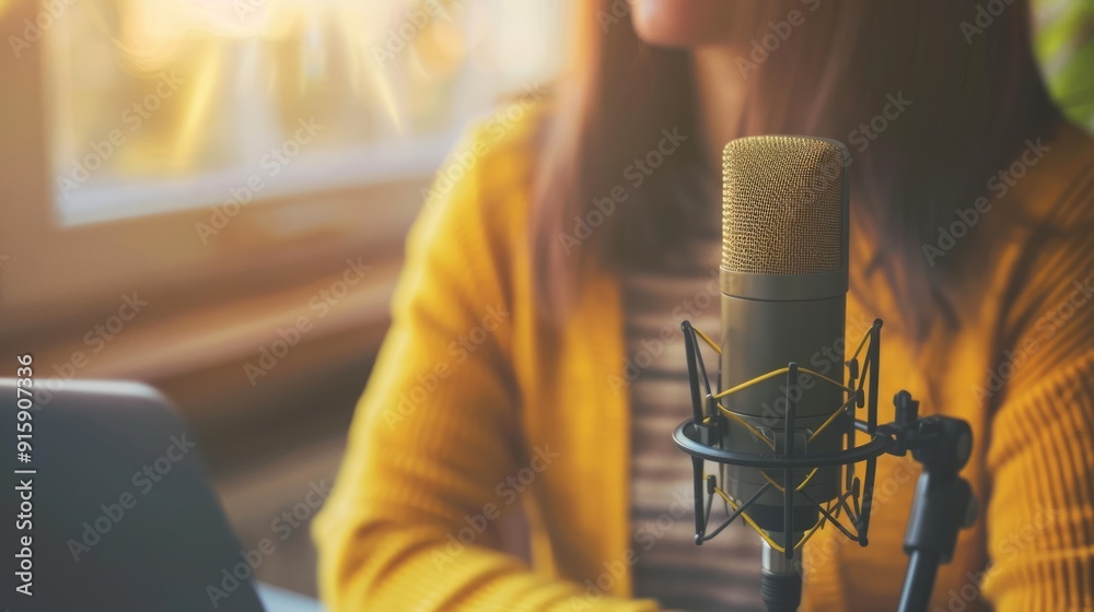 Content creator records a podcast in a home studio using a professional microphone, wearing a yellow sweater and sitting in front of a window